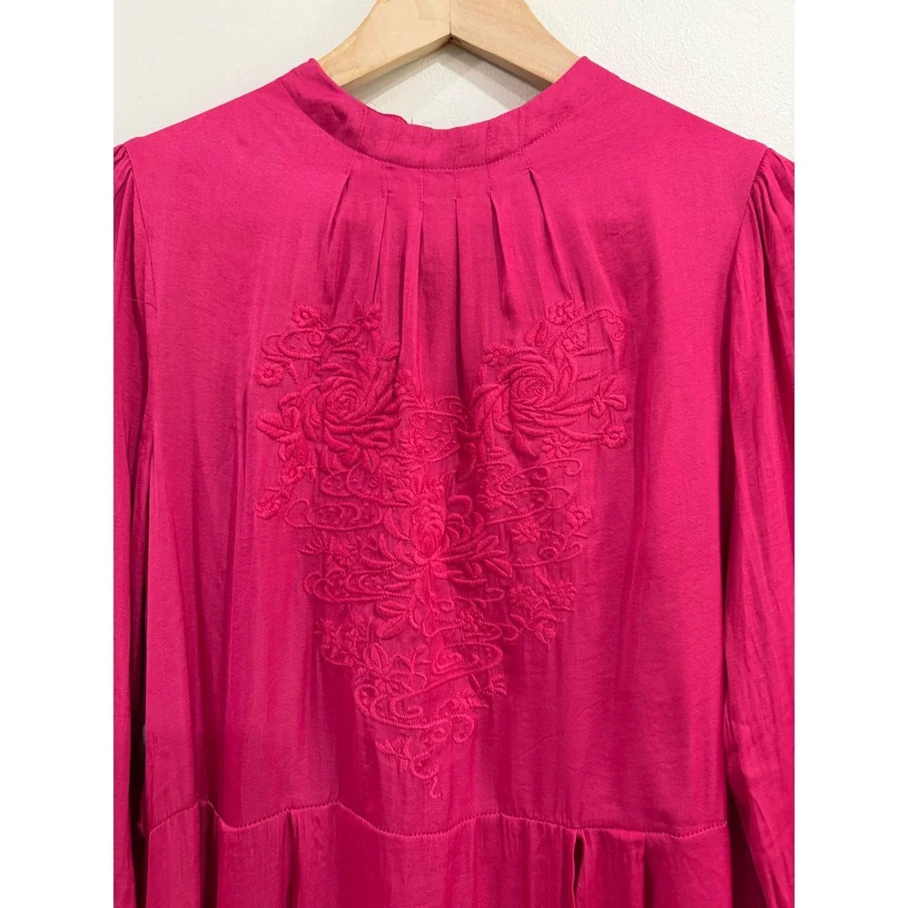 Free People Blossom Embroidered Midi Dress Fuchsia Pink OB687767 Size M NWT